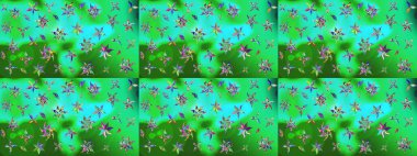 Yeşil ve mavi renklerde. Raster deseni. Soyut çiçek çizim kalıbı arka planı. Raster illüstrasyonu. Küçük çiçekte sevimli çiçek deseni var..