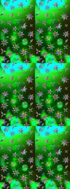 Eskiz arkaplan modeli. Yeşil ve mavi renkli yapraklı yabani çiçekler. Raster illüstrasyonu. Suluboya, elle çizilmiş.