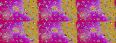 Renkli Bahar Teması eskiz kalıbı. Raster illüstrasyonundaki çiçek desenli çizim. Süslü kumaş deseni. Düz Çiçek Elementleri Tasarımı.