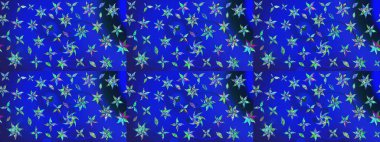 Yumuşak, bahar çiçekleri mavi ve yeşil renklerde. Raster illüstrasyonu. Yaprak ve çiçeklerin suluboya resmi, mavi ve yeşil renkler üzerine çizim şekli.