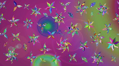 Çiçekler. Soyut etnik raster çizim kalıbı. Vadinin çiçekleri mor ve yeşil renklerde.