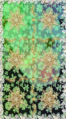 Raster altın desen. Doğulu stil, altın elementlerle birlikte yeşil ve nötr renklerde altın desenli arabesk yapar. Kusursuz kıvırcık saçlar..