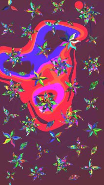 Kahverengi ve menekşe rengi, zarif küçük çiçekler ve kahverengi ve mor renkli komik böcekler, raster desen, illüstrasyon.