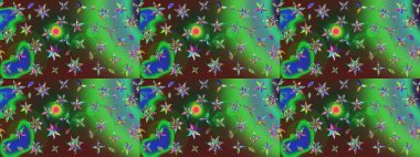 Üst manzara, yumuşak stil. Yeşil ve mavi renkte manzaralı çiçek deseni. Sevgililer günü ve tebrik kartı konsepti için şık bir davetiye. Çiçek kompozisyonu, el boyası, hassas şablon..