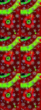 Raster illüstrasyonu. Kırmızı ve yeşil kıvırcık çiçekler kırmızı ve yeşil renklerde şekillenir. Klasik çiçek tasarım elementleri.