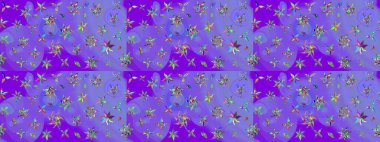 Çiçek buketleriyle klasik bir eskiz şekli. Raster illüstrasyonu. Mor ve mavi renklerde.