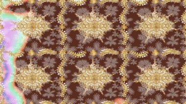 Raster illüstrasyonu. Çizim altın desenli bukleler. Raster altın desen. Doğu tarzı arabesk. Altın elementli kahverengi renkler.