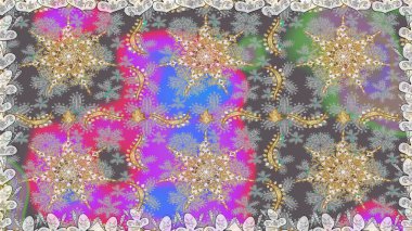 Raster illüstrasyonu. Doğum günü kartı, davetiye ya da afiş için iyidir. Dekoratif simetri arabesk. Gri renklerde altın. Kusursuz ortaçağ çiçek desenleri..