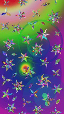 Çiçeksel fantezi tasarımı ve parlak bir arka plan çizimi. Renkli Bahar Teması eskiz kalıbı. Düz Çiçek Elementleri Tasarımı.