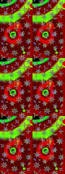 Raster illüstrasyonu. Kırmızı ve yeşil kıvırcık çiçekler kırmızı ve yeşil renklerde şekillenir. Klasik çiçek tasarım elementleri.