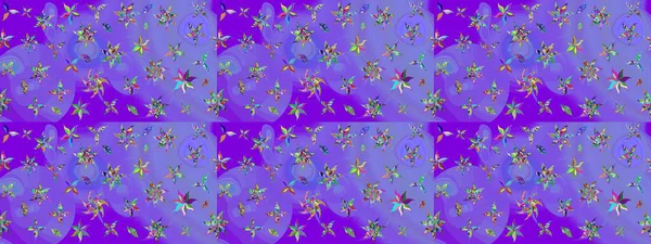 Çiçek buketleriyle klasik bir eskiz şekli. Raster illüstrasyonu. Mor ve mavi renklerde.