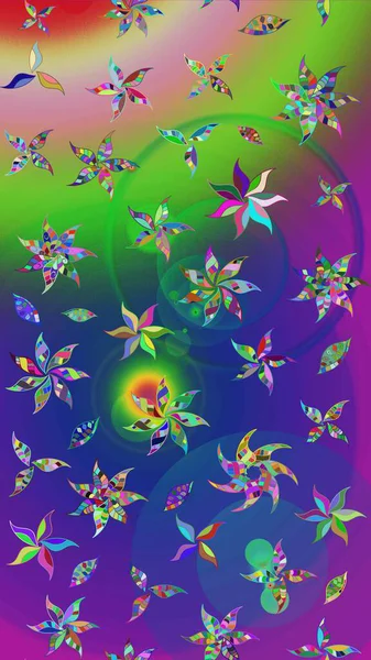 Çiçeksel fantezi tasarımı ve parlak bir arka plan çizimi. Renkli Bahar Teması eskiz kalıbı. Düz Çiçek Elementleri Tasarımı.