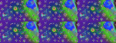 Raster illüstrasyonu. Kumaş, tekstil, duvar kağıdı baskısı için. Eski usul. Renkli desenli eskiz deseni, mavi ve mor çiçekler ve dekoratif elementler. Taslak arkaplan.