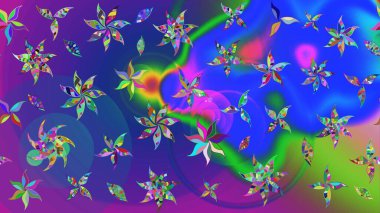 Raster illüstrasyonu. Mavi ve menekşe renkleri üzerine karalamalar çizilmiş çiçek deseni.