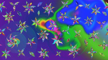 Üzerinde gelincikler ve vadi zambakları olan renkli çiçek desenli nakış deseni. Tekstil tasarımı için mavi ve mor renkli geleneksel halk çiçekleri buketi.