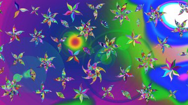 Asya tekstil tarzında. Çiçek desenli çizim. Renkli Bahar Teması eskiz kalıbı. Raster illüstrasyonu. Düz Çiçek Elementleri Tasarımı. Mavi ve mor renkte çiçekler.