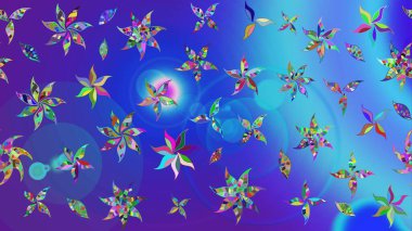 Mavili ve menekşe rengi zarif küçük çiçekler ve mavi ve mor renkli komik böcekler, raster desen, illüstrasyon.