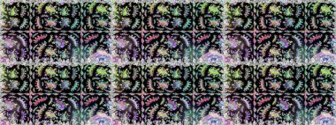 Siyah ve nötr renklerde etnik çiçeklerle kusursuz bir desen. Raster Çiçek İllüstrasyon Şirin Tekstil.