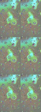 Raster Floral Illustration, Asyalı tekstil. Gri ve yeşil renkli etnik çiçeklerle zarif bir eskiz deseni..