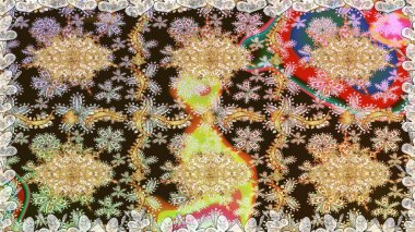 Kahverengi renkte desen. Kına dövmeli süs çiçekleri, altın çıkartmalar, mehndi ve yoga tasarımı, kartlar ve parmak izleri. Raster altın mehndi.