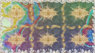 Kusursuz desenli altın elementler. Raster illüstrasyonu. Altın şablon. Klasik çiçek dokusu. Tarafsız renklerde Royal retro. Kart, duvar kağıdı, ambalaj, tekstil için klasik tasarım.