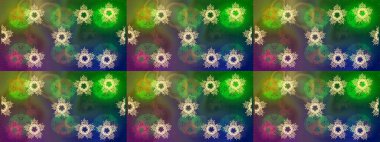 Renkli arka planda izole kar taneleri. Raster illüstrasyonu. Kar taneleri radyal yeşil, mavi ve kahverengi renkler.