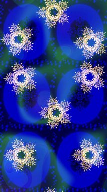 Bokeh mavisi, tarafsız, yeşil ve kar taneleriyle dekoratif Noel arkaplanı. Raster illüstrasyonu.