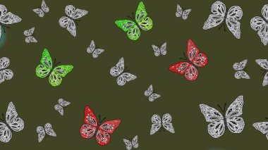 Renkli kelebeklerin eskiz geçmişi. Giysi tasarımı için yeşil arka planda dekorasyon. Raster illüstrasyonu.
