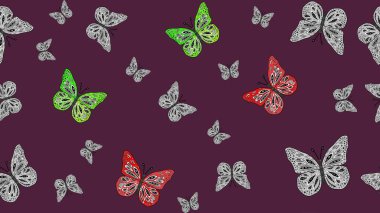 Web sayfası geçmişleri, duvar kağıtları, tekstil ve yüzey dokuları için mükemmel. Raster. Raster illüstrasyonu. Çizim kalıbı. Kahverengi arka planda suluboya kelebeklerin.