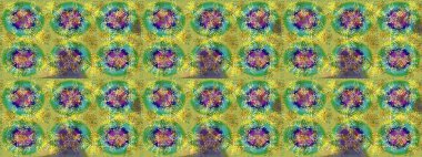 Sanat terapisi tarzı zen çizim için yeşil, sarı ve mavi mandala şeklinde kar taneleri. El çizimi, dövme stili, kumaş tasarımı ve Raster illüstrasyonunda kartlar..