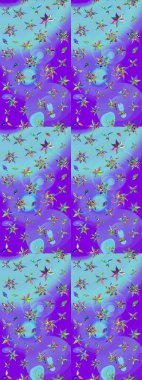 Kabile sanatı boho baskısı, klasik çiçek arkaplanı. Soyut etnik raster çizim kalıbı. Arkaplan dokusu, duvar kağıdı, mor ve mavi renkli çiçek teması.