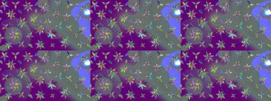 Mor ve nötr, mor ve nötr. Çiçekli ipek eşarp. Retro tekstil tasarım koleksiyonu. 1950-1960 motifleri. El çizimi çiçek elementleri ile soyut çizim raster deseni.