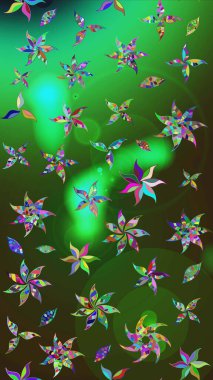 Raster illüstrasyonu. Yeşil ve gri renkli çiçekler. Çiçek desenli eskiz, vuruşlar, sıçramalar, yaz çiçekleri..