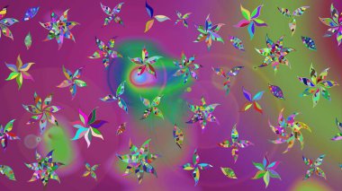 Raster illüstrasyonundaki çiçek desenli çizim. Mor ve yeşil renkte çiçekler.