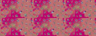 Raster illüstrasyonundaki çiçek desenli çizim. Pembe ve morumsu renkte çiçekler. Renkli Bahar Teması eskiz kalıbı. Düz Çiçek Elementleri Tasarımı.