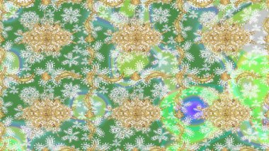 Klasik klasik klasik arka plan. Klasik Raster altın desenini çiz. Altın elementlerle yeşil renklerde altın desen. Geleneksel oryantasyon süsü.