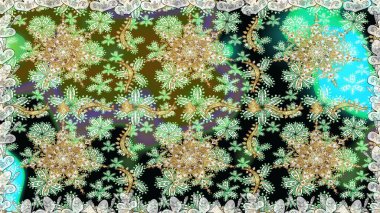 Yeşil renkte altın bir element. Altın çiçekli, pürüzsüz desen. Damask arkaplanı. Barok tarzında altın çiçekli süs..