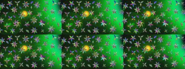 Suluboya, elle çizilmiş. Raster - stok. Vadinin yeşil ve gri renkli çiçekleri. Taslak arkaplan deseni.