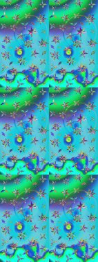 Raster deseni. Bahar çiçekleri dallı desen, mavi ve yeşil renkler çiçekli siluet.