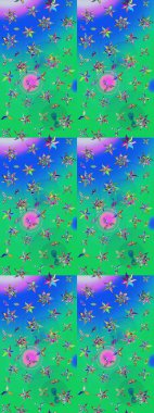 Çok yeşil ve mavi zarif küçük çiçekler ve yeşil ve mavi renkli komik böcekler, raster desen, illüstrasyon.