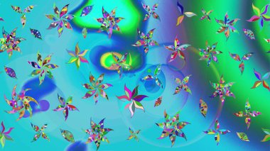 Mavi ve yeşil renkli çiçekler. Çiçek süslemeli çizim deseni. Raster illüstrasyonu.