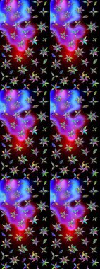 Tekstil için suluboya eskiz deseni. El çizimi çiçek çizimi deseni (fayans). Şirin çiçekleri, desenleri, siyah ve mor renkleri olan renkli çizim deseni.