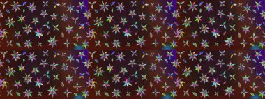 Retro tekstil tasarım koleksiyonu. 1950-1960 motifleri. Kahverengi ve mor üzerine kahverengi ve mor. El çizimi çiçek unsurları olan soyut çizim raster deseni. Çiçekli ipek eşarp..