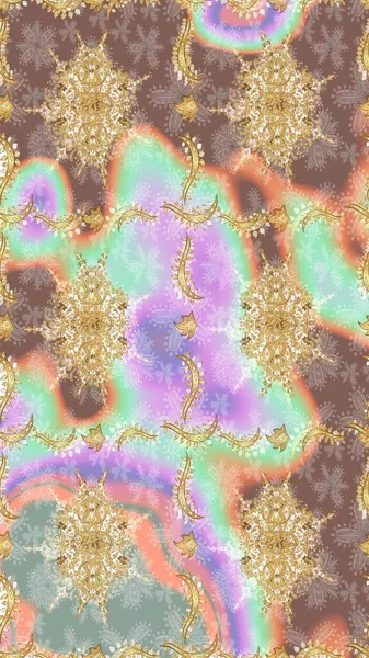 Süslü dekorasyon. Raster illüstrasyonu. Damask altın soyut çiçek deseni nötr renkler üzerine çizim.