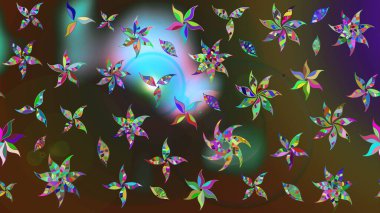 Çiçekli karalama şeklinde Raster çiçek deseni. Raster illüstrasyonu. Kahverengi ve yeşil renklerde bahar çiçekleri..