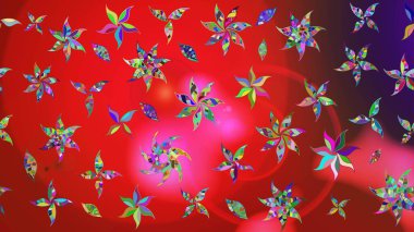 Suluboya elle çizilmiş çiçek desenli eskiz deseni. Parlak renkli fantezi çiçekleri, yapraklar, kırmızı ve pembe renkli tomurcuklar, kırmızı ve pembe.