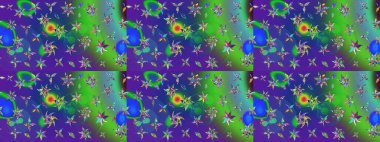 Çiçekli karalama şeklinde Raster çiçek deseni. Yumuşak, bahar çiçekleri yeşil ve mavi renklerde. Raster illüstrasyonu.