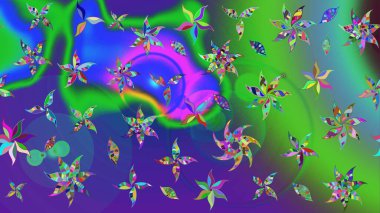 Şirin karalamalı çiçek desenli çizim. Eskiz stili yeşil ve mavi renkler. Raster illüstrasyonu. El yapımı çiçek ve bitki koleksiyonu. Raster illüstrasyonu.