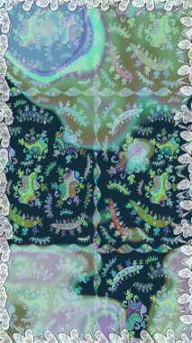 Raster illüstrasyonu. Mavi ve nötr renklerde. Çiçek buketleriyle klasik tarzda kusursuz desen.