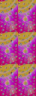 Mavi ve sarı renkli bitkilerden oluşan parlak çiçekli çizim deseni.